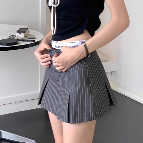 拼接高腰条纹百褶半身裙