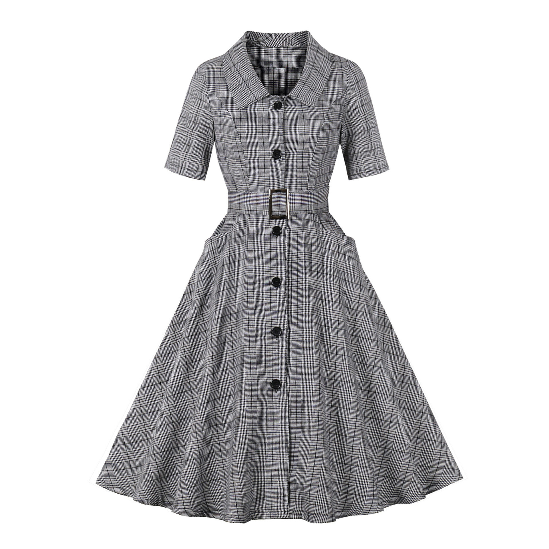 Flip collar casual mid sleeve plaid dress 翻领中袖格子连衣裙