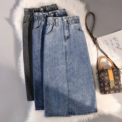 High waisted mid length denim skirt 高腰双扣中长款牛仔半身裙