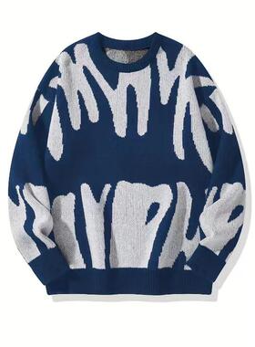 Color blocking round neck sweater   女士休闲撞色圆领宽松毛衣