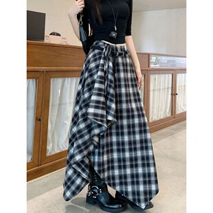 不规则复古格子半身裙女 Irregular retro plaid skirt for women