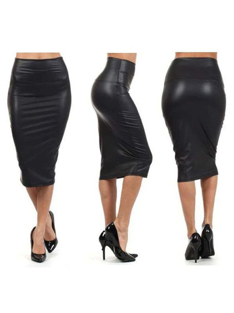 Solid color leather bread buttocks skirt纯色高腰皮面包臀裙女