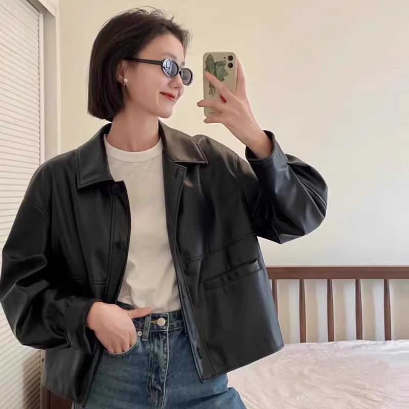 Collar loose leather jacket jacket休闲翻领宽松皮面夹克外套女