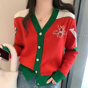 color cardigan休闲提花拼色V领开衫 blocked neck 女 Jacquard