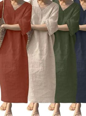 V-neck short sleeved loose casual dressV领短袖宽松连衣长裙女