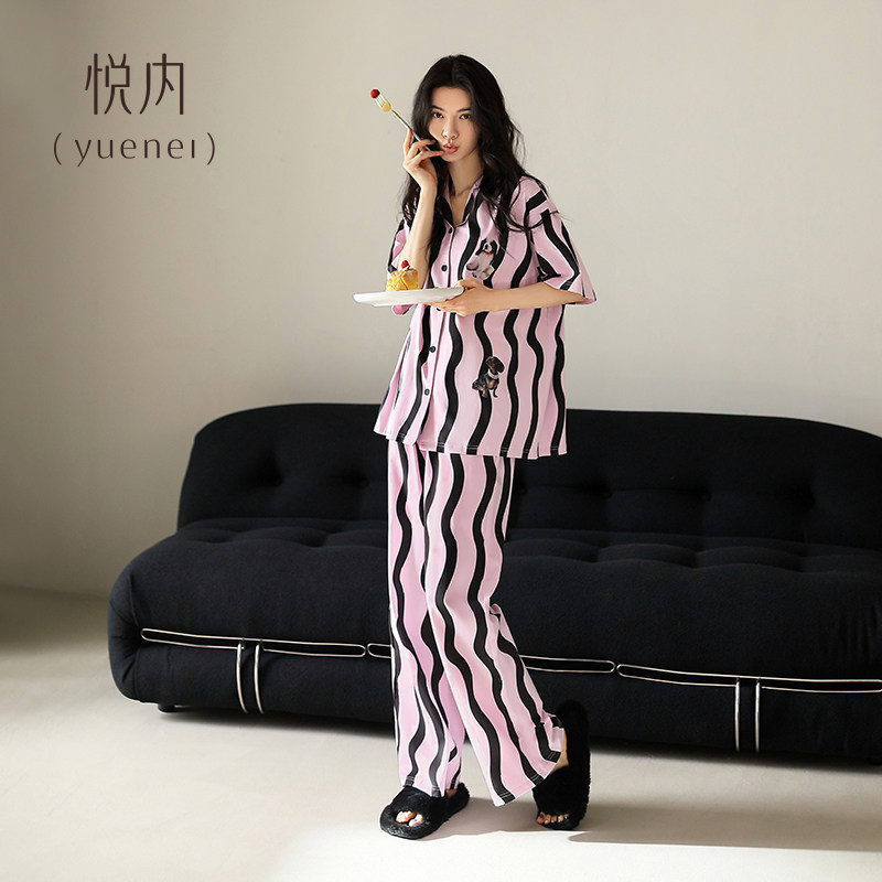悦内睡衣女夏季夏天纯棉短袖长裤家居服条纹宽松休闲卡通开衫套装,女士内衣/男士内衣/家居服,睡衣/家居服套装,淘宝优惠券,粉丝福利购,淘宝优惠卷