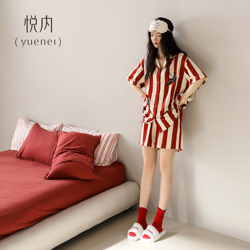 悦内睡衣女款夏季夏天纯棉短袖短裤家居服休闲时尚本命年红色条纹