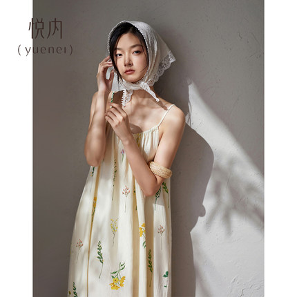 悦内睡裙女款睡衣夏季夏天纯棉纱布吊带性感长裙长款大码连衣裙子