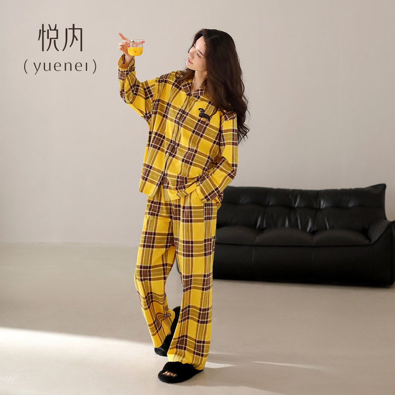 悦内睡衣女款春秋季春款长袖纯棉质大码家居服休闲格子开衫可外穿