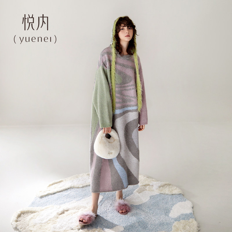 悦内半边绒睡裙女士睡衣秋冬款冬季珊瑚绒保暖毛绒长款大码可外穿