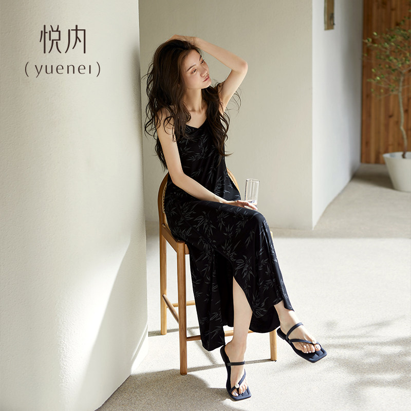 悦内带胸垫睡裙女士睡衣夏季纯棉吊带背心夏款开叉长款黑色高级感