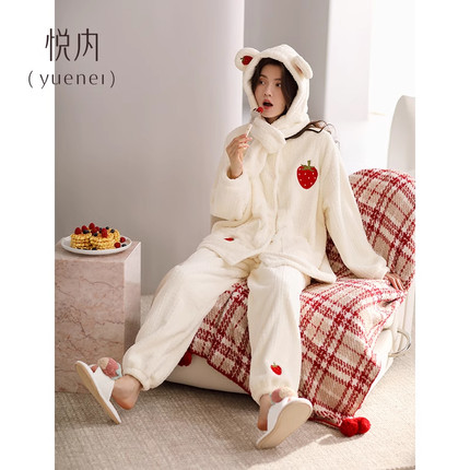 悦内睡衣女款秋冬季冬款珊瑚绒加绒加厚法兰绒家居服保暖少女可爱