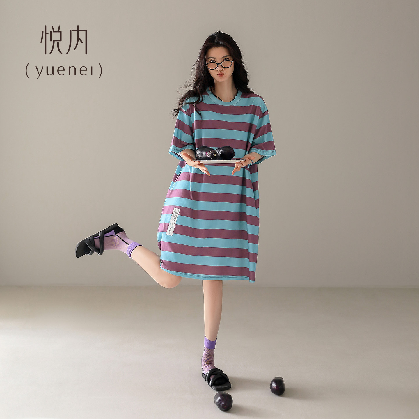 悦内带胸垫睡裙女夏季夏款纯棉短袖宽松大码休闲条纹家居服睡衣裙