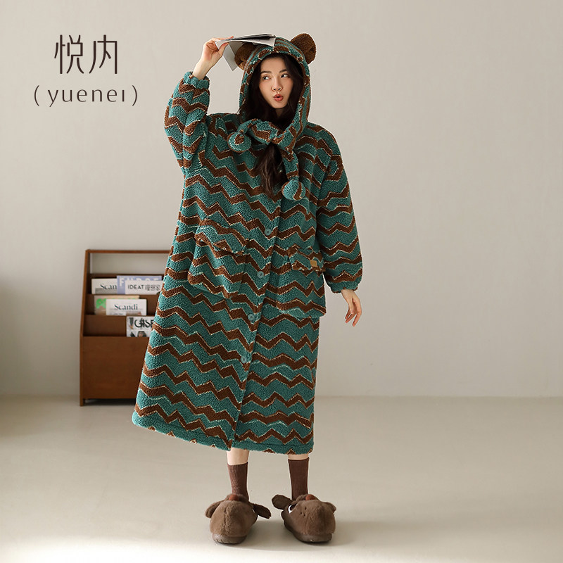 悦内睡裙女款睡衣冬秋冬季法兰绒加绒加厚珊瑚绒大码长款保暖睡袍