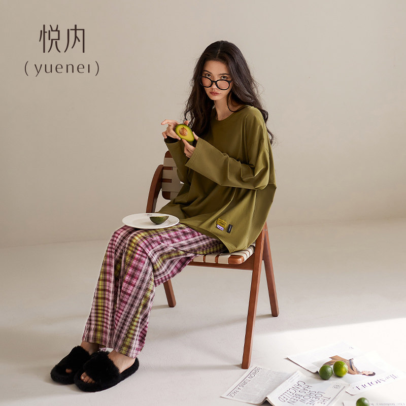 悦内带胸垫睡衣女春秋款秋季纯棉长袖家居服秋天休闲圆领套头格子