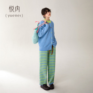 悦内半边绒睡衣女款 加厚加绒珊瑚绒家居服多巴胺保暖可外穿 秋冬季