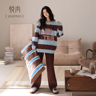 悦内半边绒睡衣女冬季 珊瑚绒保暖家居服圆领套头休闲可外穿 秋冬款