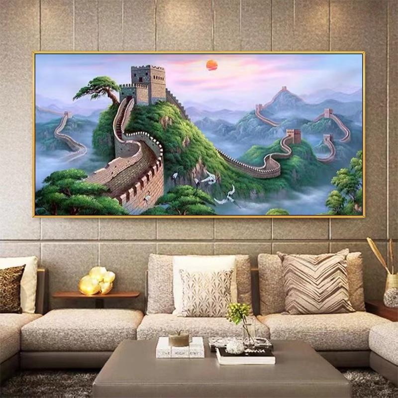 大会堂绿色万里长城画 纯手绘油画 办公室靠山图新中式客厅挂画