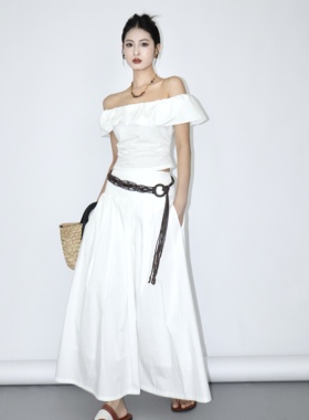 SHIMANINE 岛九 法式一字肩荷叶边上衣 百褶裙两件套度假套装女夏