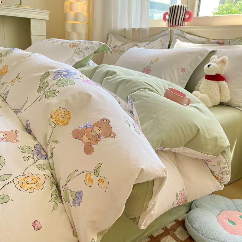 全棉新疆棉加厚磨毛印花床上四件套100纯棉田园风碎花被套床笠款