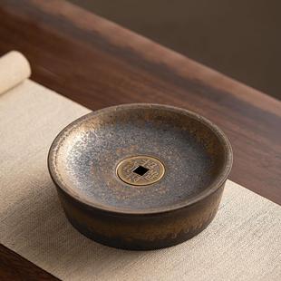 铜钱壶承陶瓷茶托小茶盘粗陶家用办公室壶托储水式 中式 干泡台圆形