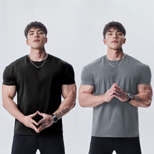 哑铃 口显身材遮肚透气爆袖 健身服跑步运动T恤男速干夏季 冰丝收袖