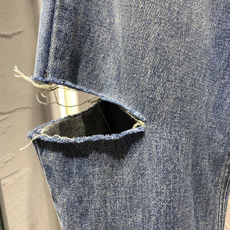 速发斜扣破洞牛仔裤夏薄款胖妹妹mm宽松阔腿九分裤适合胯大腿粗