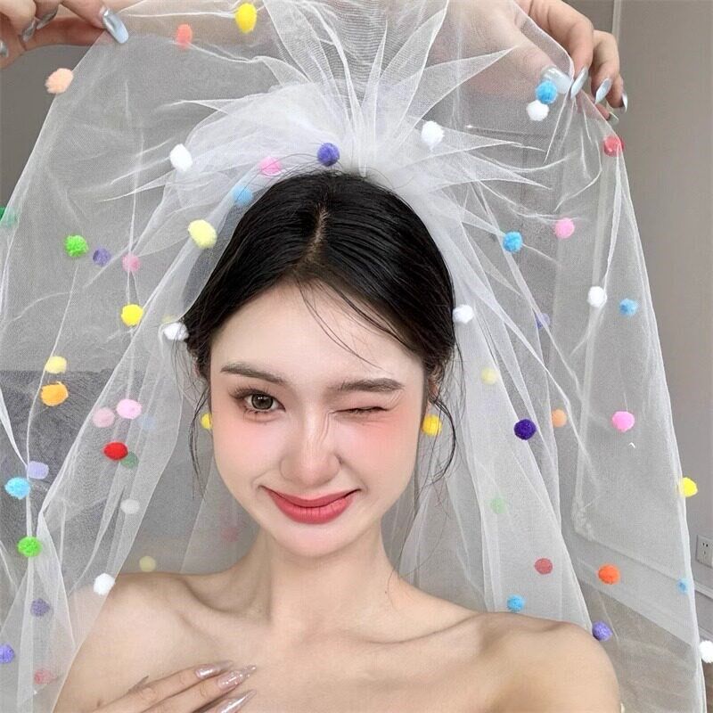 速发生日拍照道具手工头纱手套派对接婚礼领证多巴胺少头饰装饰品