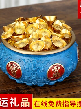 速发纯铜彩绘实心装聚宝盆八福元宝客厅铜饰店铺公司开礼业品工艺