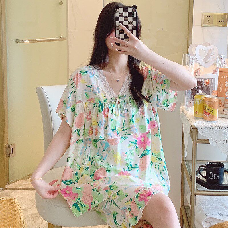 速发棉绸睡衣开衫大码和服甜美碎花少夏季家居服可外穿