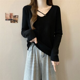 速发大肉装计冬设秋感V领长袖针织衫遮码内搭打底衫上衣
