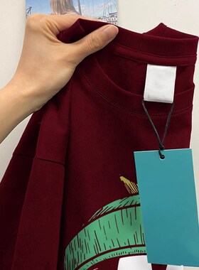 速发计棉酒感色t恤夏设纯红印花半袖体恤宽松ch港味上衣