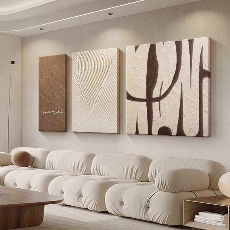 速发侘沙风客厅三联装饰画极简艺象画抽术新款壁画高级寂发背景墙