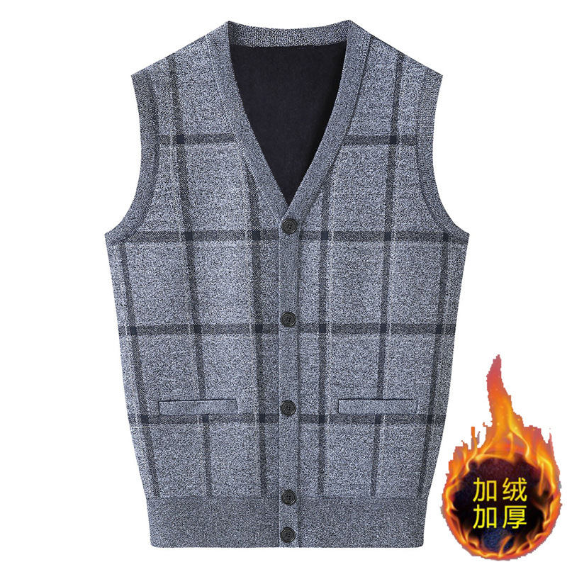 日本品质男士加绒加厚V领毛衣开衫背心中老年爸爸装大码宽松马甲