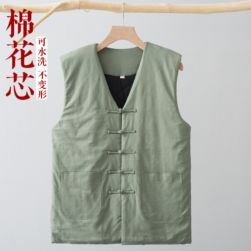 日本品质中老年男棉花坎肩马甲盘扣中国风背心中式立领盘扣秋冬唐