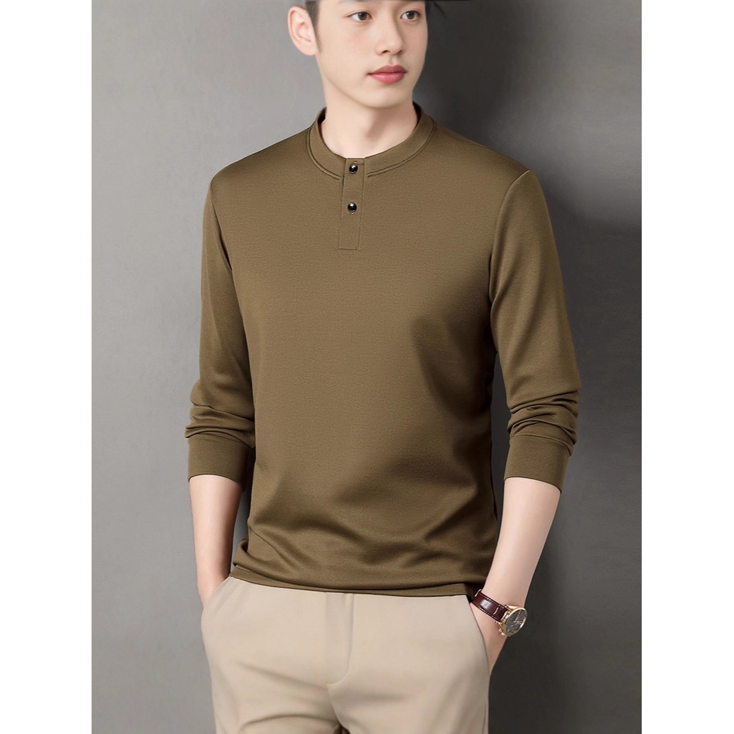 日本品质含羊毛桑蚕丝立领打底衫2023秋冬季纯色长袖T恤男圆领磨