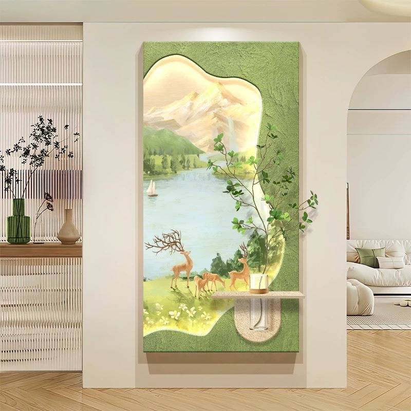 现代立体入户玄关装饰画绿植走廊挂画客厅壁画无框实木艺术画图片