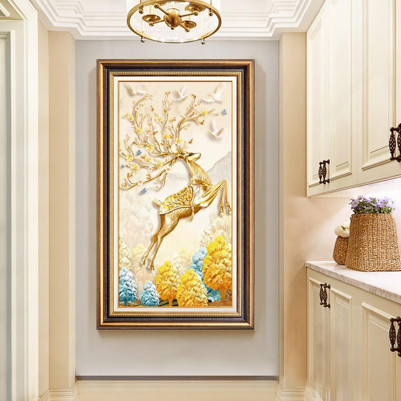 欧式玄关装饰画美式风格入户走廊过道竖版挂画书房大气壁画麋鹿图片