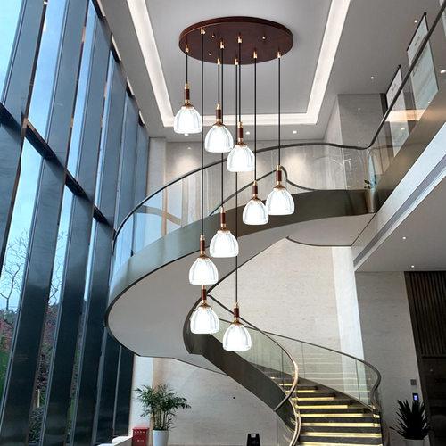 新中式全铜乌檀木楼梯灯复式公寓灯loft高档别墅餐厅灯楼梯间吊灯
