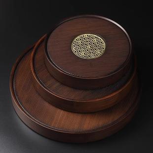 茶盘圆形茶托盘简约家居百搭茶台干泡盛水盘 家用胡桃色储水式