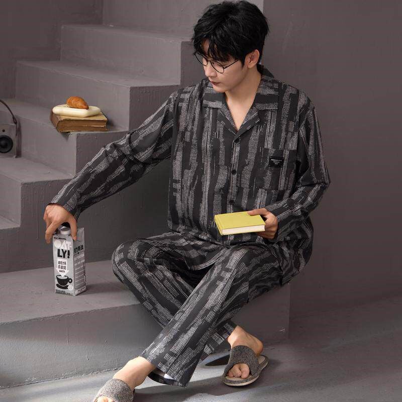 速发男款睡衣秋冬领套棉长袖长裤纯装舒适男士春夏季高级感翻款家