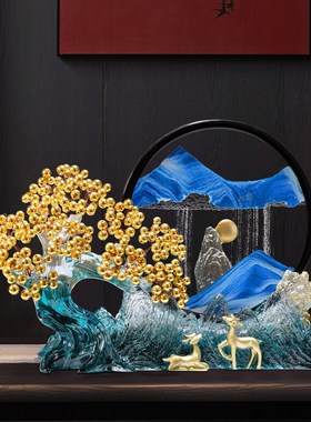 速发黄水晶发财树流沙画摆件创意新中式客厅玄关办公室桌面招财装