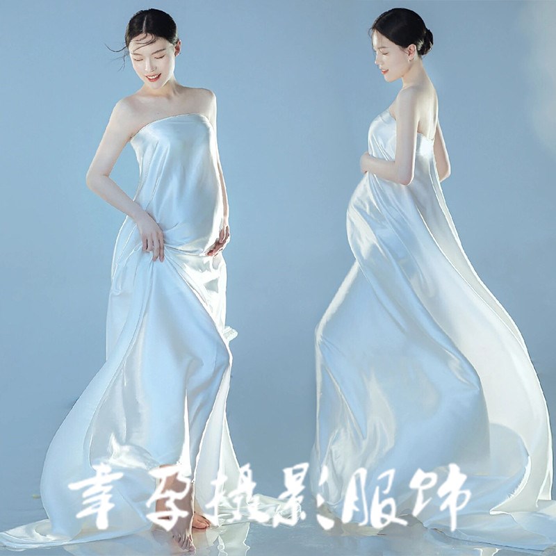 速发影艺孕妇拍照服装时尚性感白色缎面飘逸孕妈咪楼影摄术照衣服