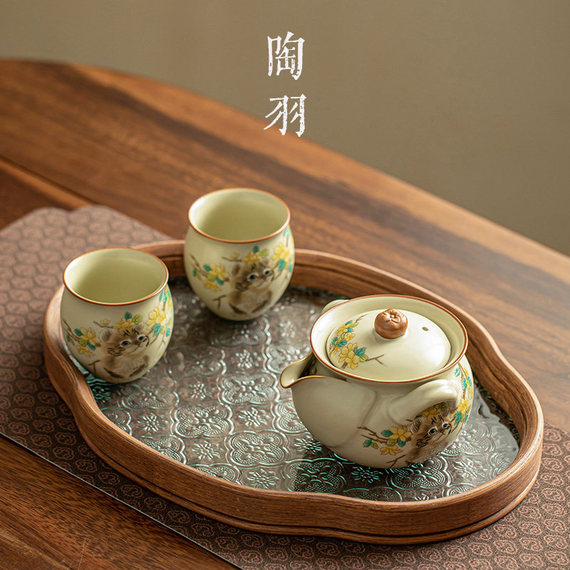 速发汝窑猫咪手家壶抓用盖碗茶杯茶盘茶具泡茶壶一壶二喝防烫单壶