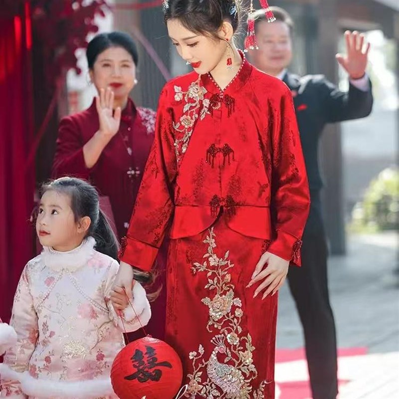 速发新中式红色二套订婚服回门宴国风改良旗袍小个子大码