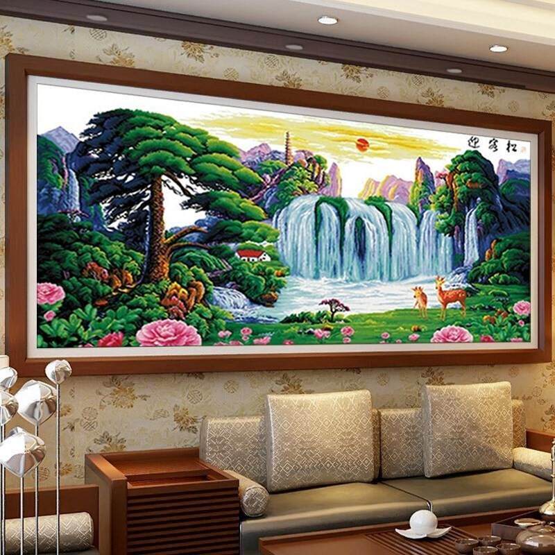 速发流水画寿送大幅手工刺绣长辈中堂贺迎客锦松绣山河大副