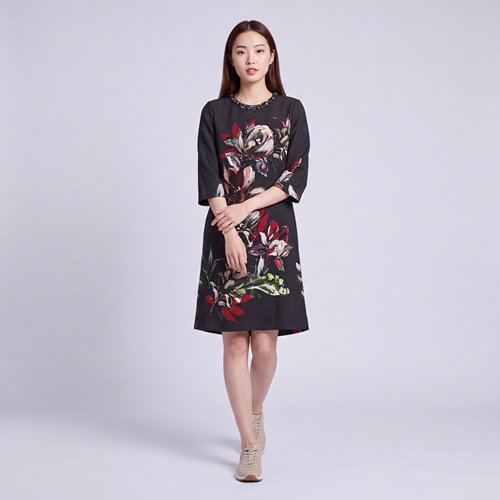 柯罗芭春秋轻奢油画花卉印花宽松遮肉气质连衣裙LW2591  B￥9500