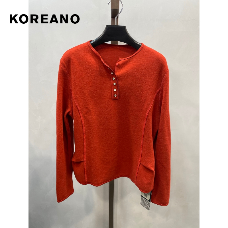 柯利亚诺春秋专柜同款限定KOREANO橘红色毛感修身T恤  TT5228