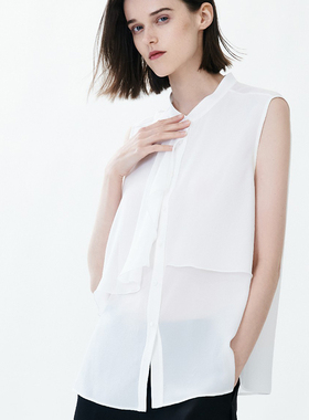 柯利亚诺夏季专柜同款白色立领无袖波浪形桑蚕丝衬衫 BW3495(JUN)