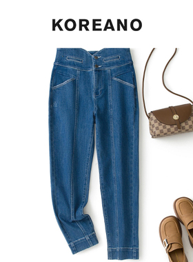 柯利亚诺春秋专柜同款蓝色高腰拼接紧身牛仔裤  KN3695G ￥2280